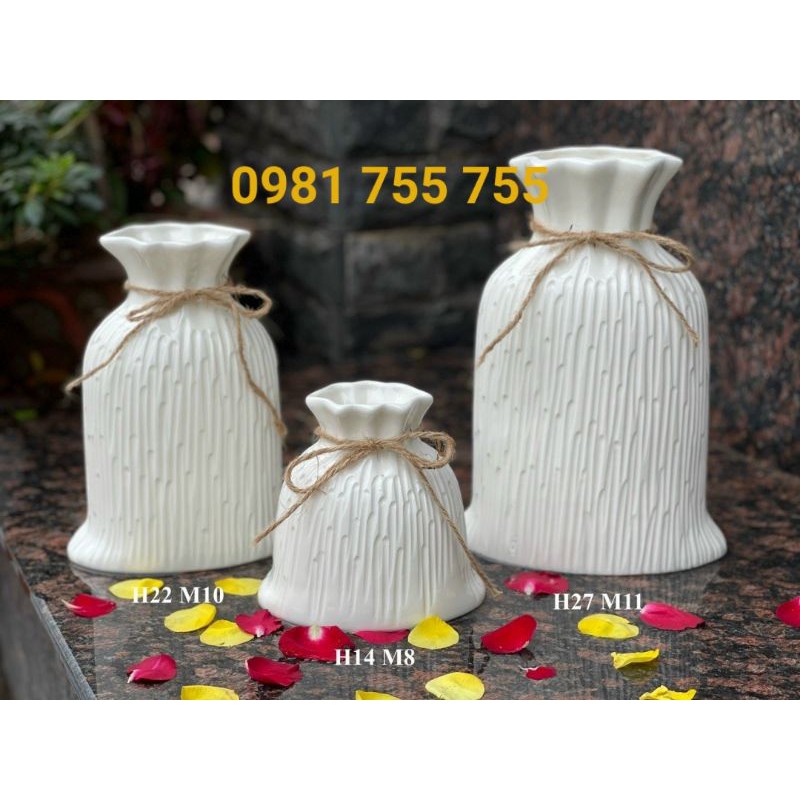 Lọ hoa bình cắm hoa decor dáng túi tiền - lọ hoa men trắng gốm sứ Bát Tràng
