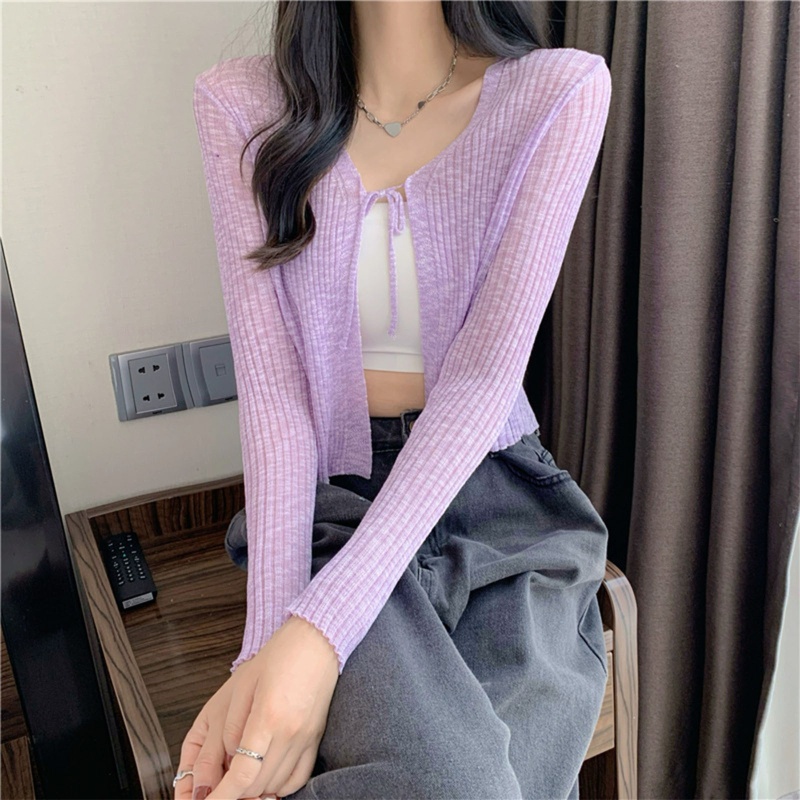 Áo Khoác Cardigan Dệt Kim Mỏng Nhẹ Cổ Chữ V Tay Dài Hở Phía Trước Thời Trang Mùa Hè Cho Nữ