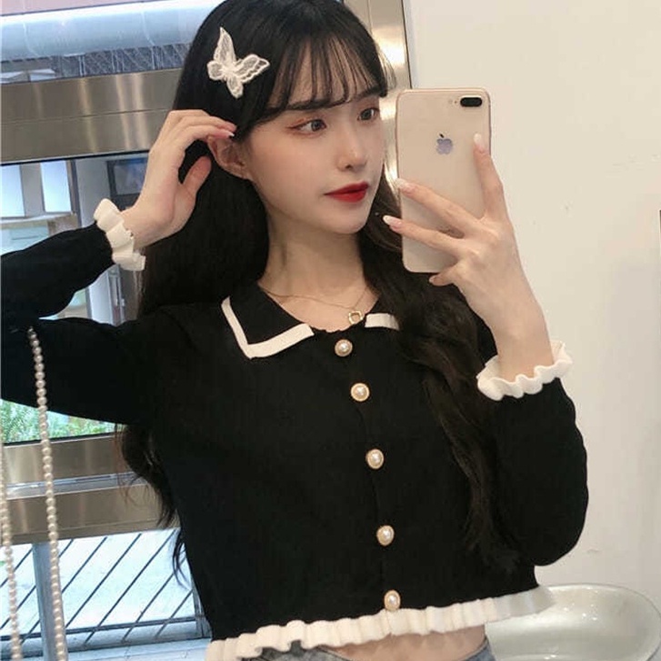 Áo Khoác Cardigan Dệt Kim Tay Dài Cổ Búp Bê Phong Cách Mới