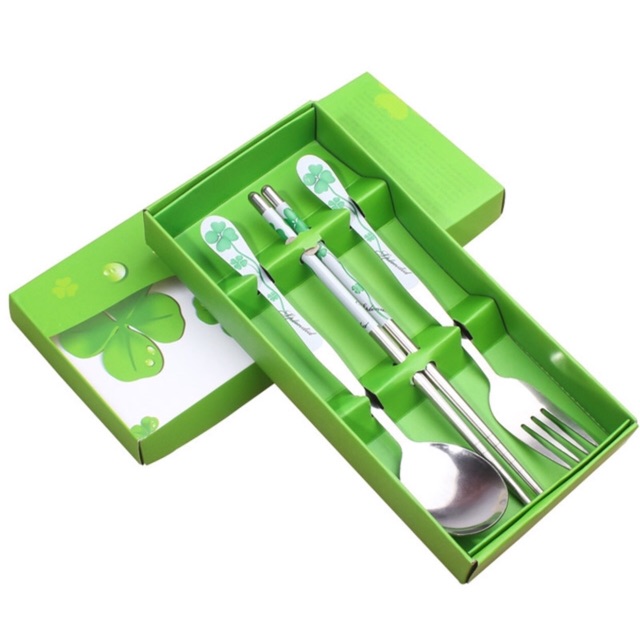 Bộ 3 dĩa muỗng đũa đồ dùng văn phòng inox cao cấp