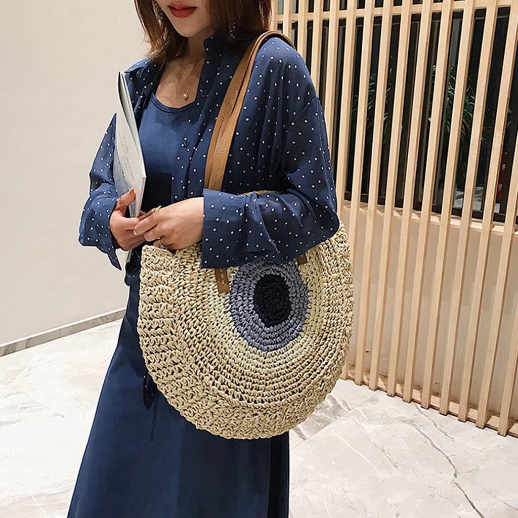 Túi đeo vai rơm mây đan hình tròn kiểu Bohemian đi biển cho phụ nữ