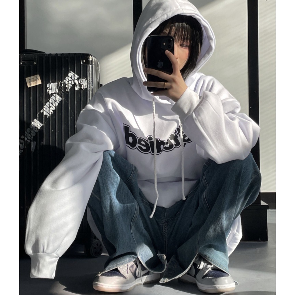 Áo hoodie đôi nam nữ, áo hoodie form rộng unisex màu trắng, màu đen