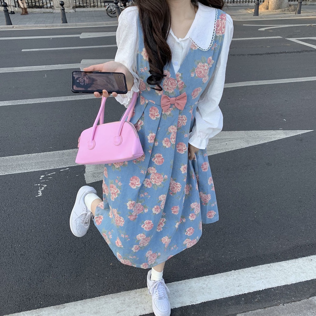 Set đầm hai dây in hoa và áo sơ mi tay phồng đáng yêu (có bán lẻ)