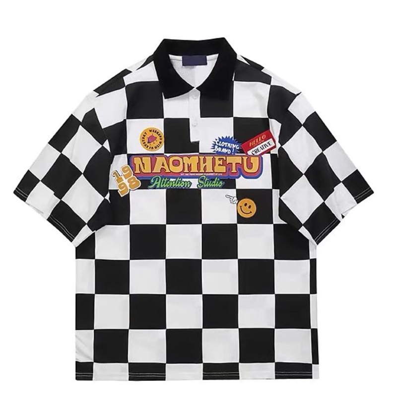 Áo polo Tay Ngắn Dáng Rộng Thêu Họa Tiết Bàn Cờ Mỹ Thời Trang Mùa Hè Cho Nam Size M-2XL
