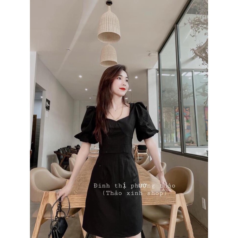 Sp sẵn - VÁY NỮ DÁNG NGẮN CỔ VUÔNG TAY BỒNG ĐEN DÁNG XÒE TIỂU THƯ - ĐẦM ĐEN TAY LỠ CHỮ A KHÓA KÉO ULZZANG