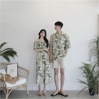 Set áo váy đôi đi biển hoa lá trễ vai đồ cặp tình nhân