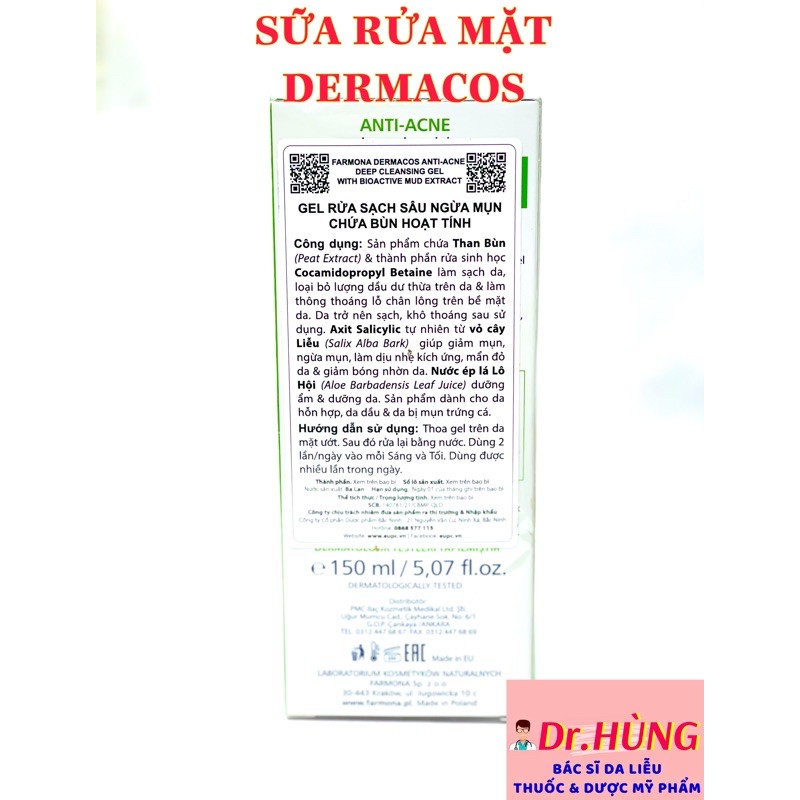 Sữa Rửa Mặt DERMACOS FARMONA Gel 150 ml Kiềm Dầu , Sạch Sâu, Giảm Mụn