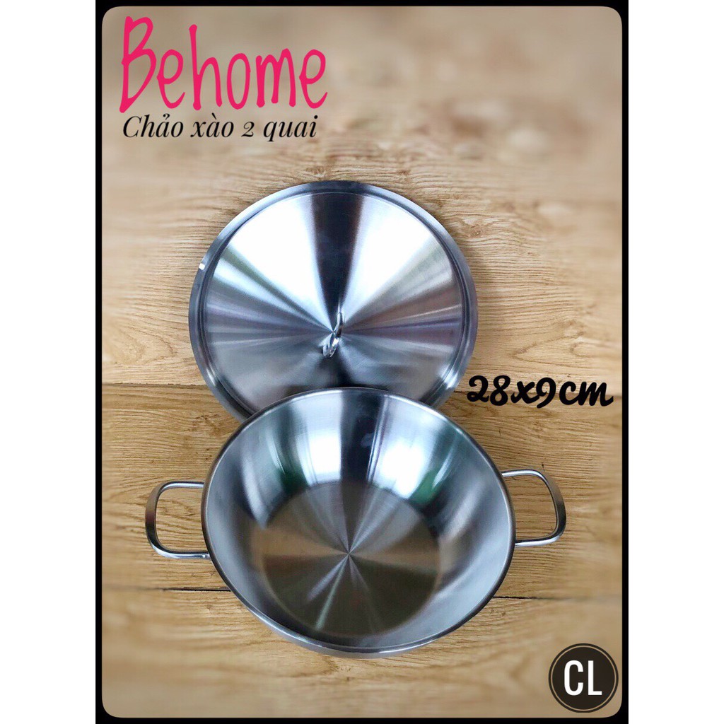 Chảo xào inox 28cm sâu lòng behome 2 quai-304