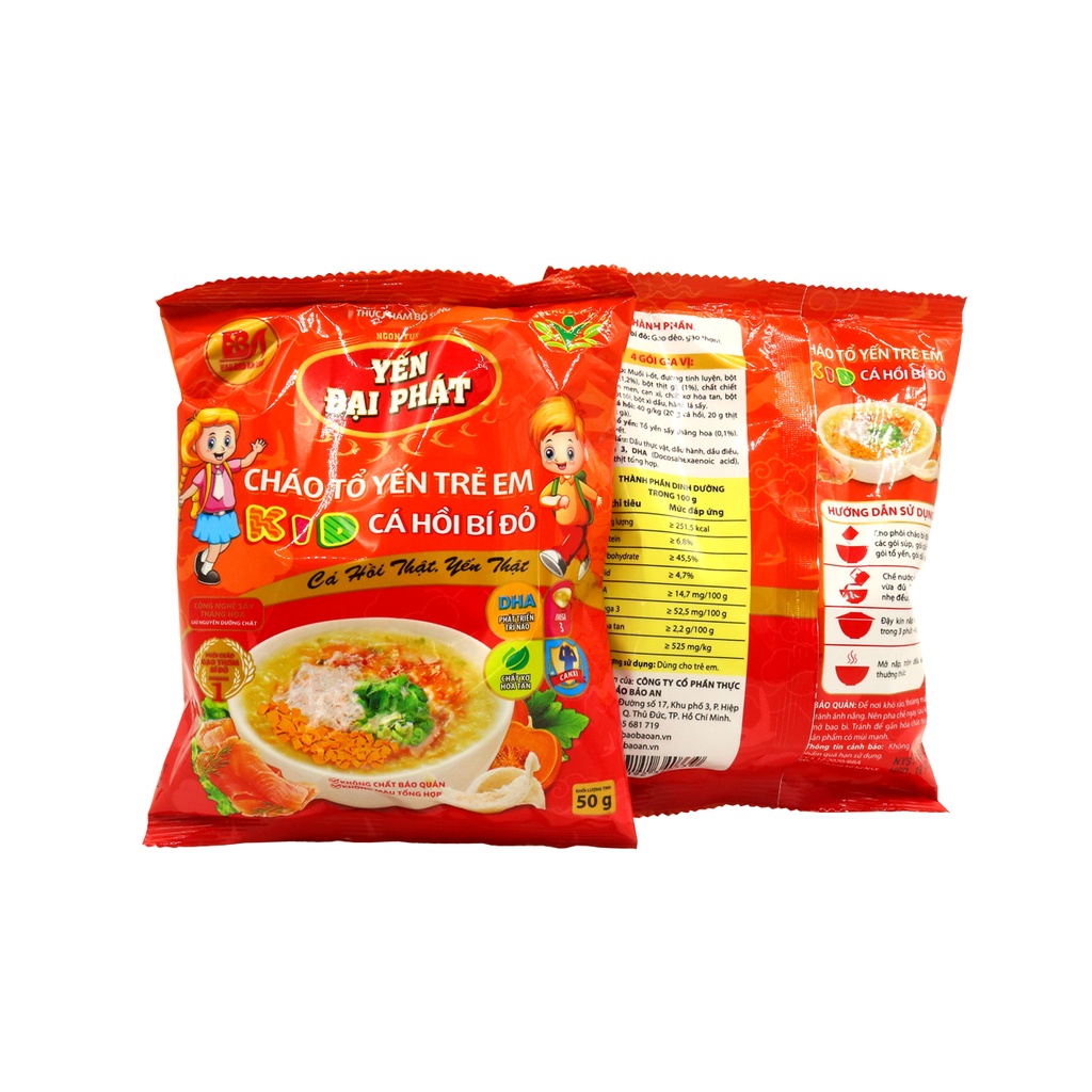 Cháo Tổ Yến Trẻ Em Cá Hồi Bí Đỏ - Yến Đại Phát 4 gói gia vị, ăn liền, tiện lợi, thơm ngon gói 50g