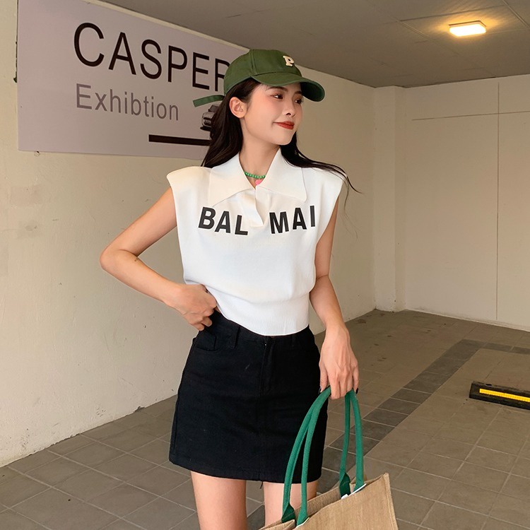 Áo thun ZHELIHANGFEI dệt kim không tay cổ polo họa tiết kẻ sọc