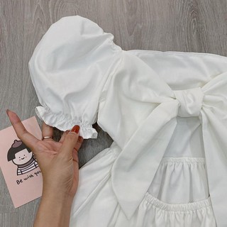 Đầm trắng tay phồng cột nơ sau