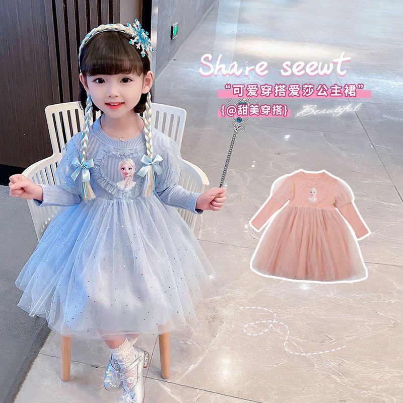 Đầm Công Chúa Elsa Tay Dài Phong Cách Hàn Quốc Cho Bé Gái