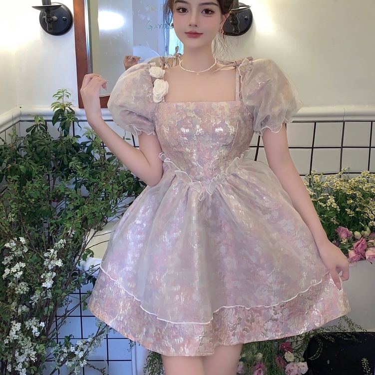 Đầm Chiffon Ngắn Tay Dáng Chữ A Phối Lưới Phong Cách Pháp Thời Trang Chất Lượng Cao