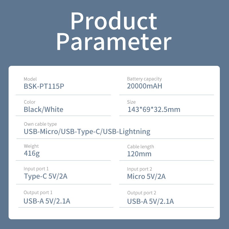Sạc Dự Phòng 20000mAh BSK-PT115P đi kèm với cáp sạc Micro / Type-C / Lightning có thể tháo rời với đèn pin, đa chức năng