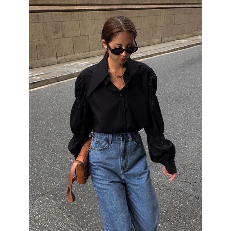 Áo Sơ mi trắng style Hàn form rộng chất thô mịn dày chuẩn form bo chun che khuyết điểm vai thô bắp tay to kèm ảnh thật