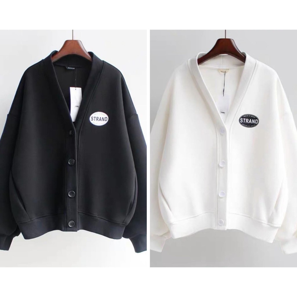 Áo Cardigan Có Khuy Cài Bo Tay STRAND 2 Màu Đen Trắng Dáng Rộng