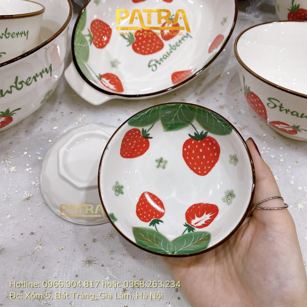 Bộ bát đĩa sứ ăn cơm, bộ chén dĩa decor đẹp họa tiết dâu tây siêu xinh