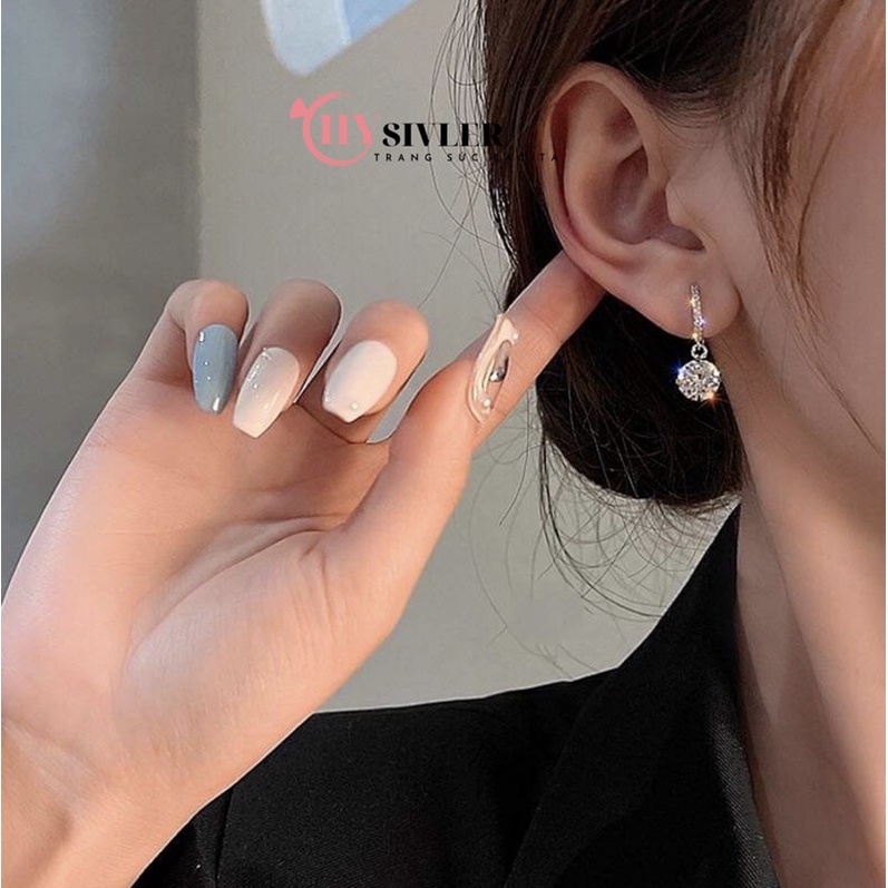 Bông tai bạc ta bông bấm đính đá to sáng bông tai dài nữ tính trẻ trung bông rai nữ bạc thật