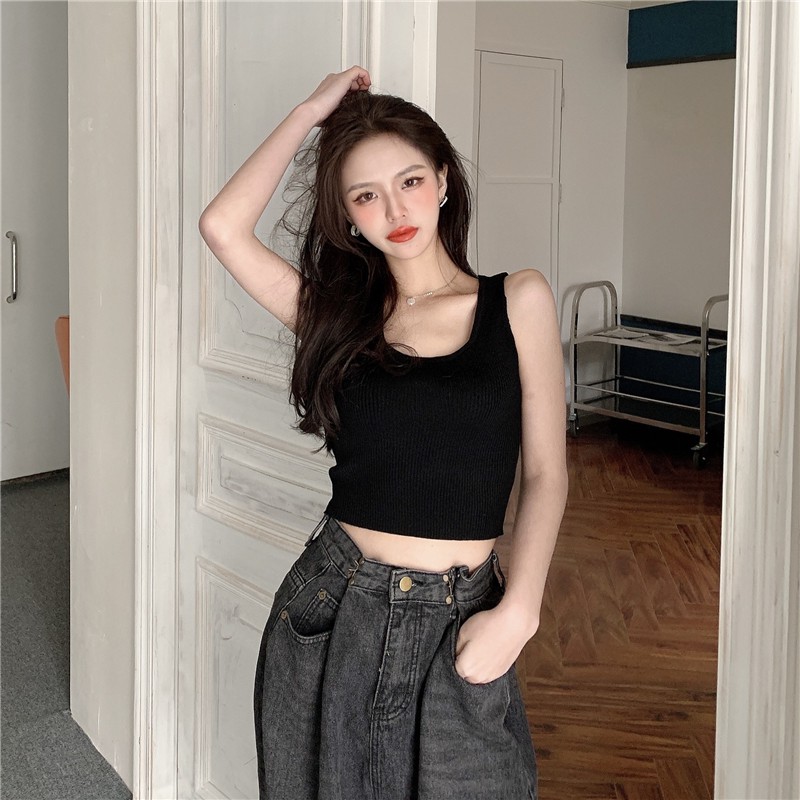 Cocory vn Áo croptop dệt kim không tay màu trơn thời trang phong cách Hàn Quốc 7 màu tùy chọn cho nữ