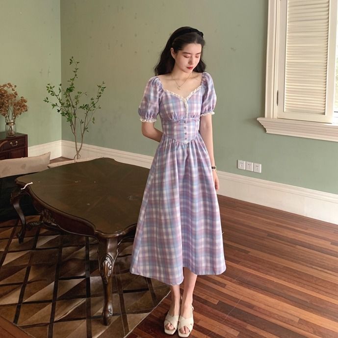 Purple Plaid Lace Temperament Dress French Retro High Waist Show Plaid Dress Mid-length Elegant Dress | BigBuy360 - bigbuy360.vn