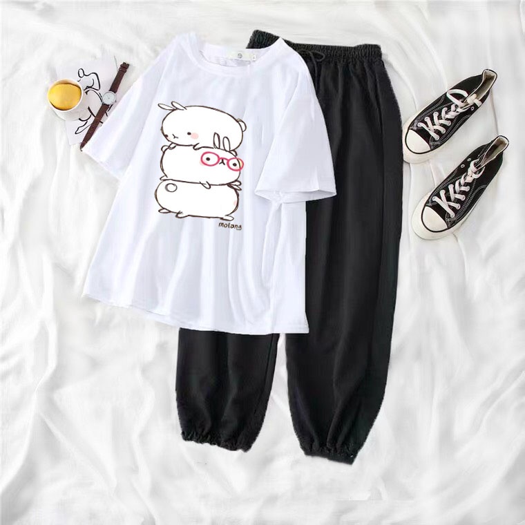 Sét Áo Ba chú thỏ + quần kẻ màu, Áo thun from rộng, Chất đẹp không xù, quần suông ống rộng, Sét bộ mặc ở nhà - MODY