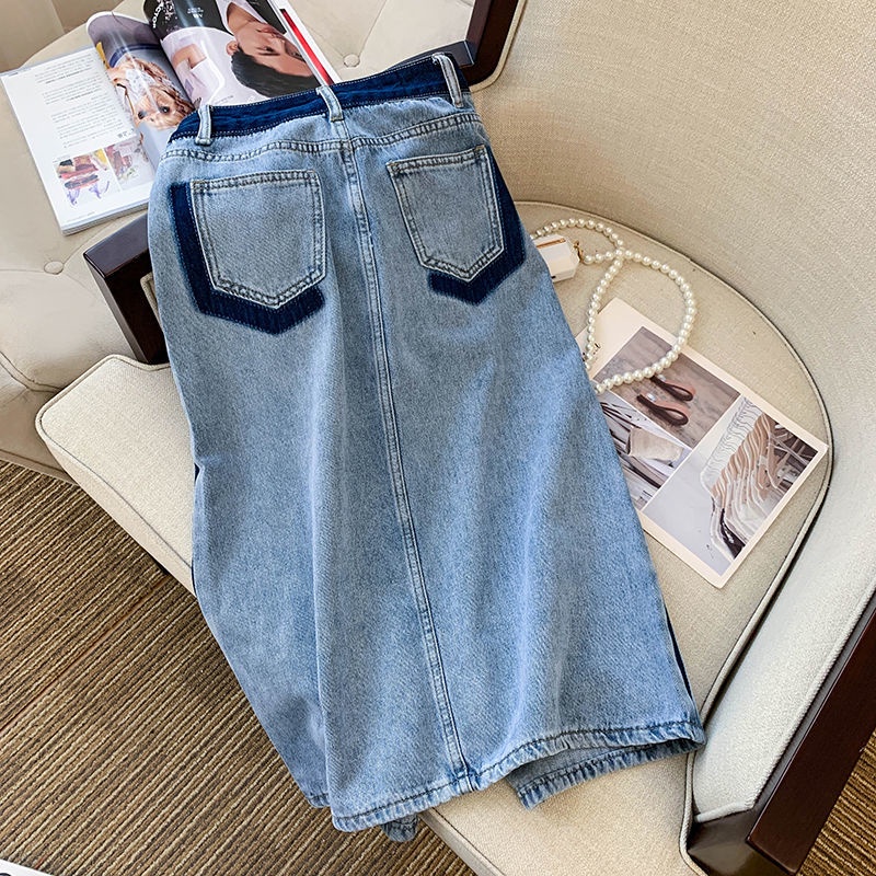 Chân váy jean Dáng Suông Xẻ Tà Màu Sắc Tương Phản Thời Trang Mùa Hè Hàn Quốc 2022