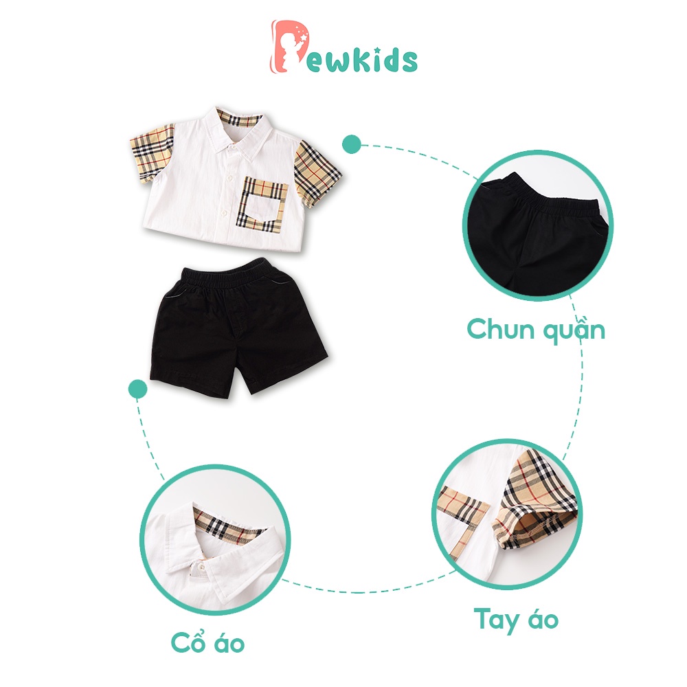 Quần áo bé trai, set sơ mi kẻ ngắn tay mix quần đùi kaki Dewkids phong cách Hàn Quốc