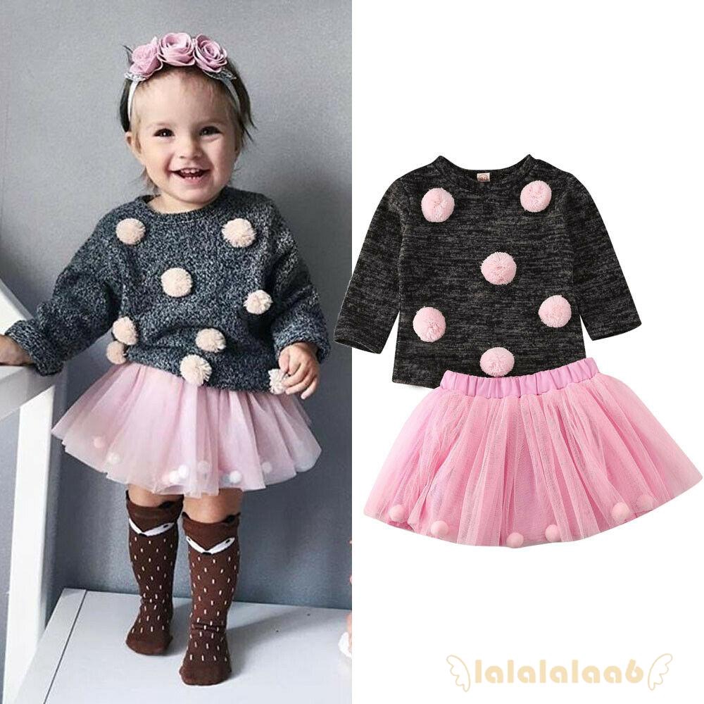 ◕ω◕Baby Girl Knit Sweater Pompom Tops + Party Ball Gown Tulle Skirt