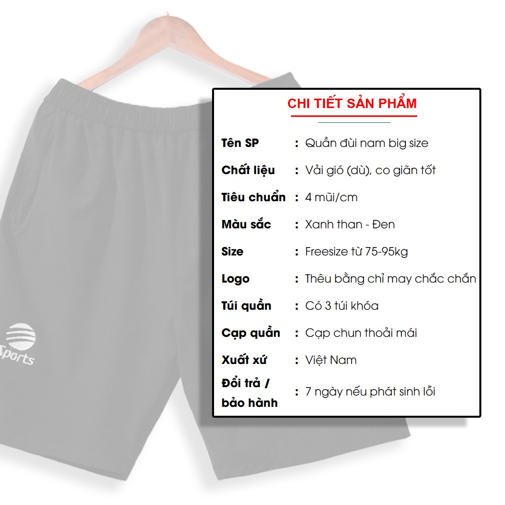 Quần đùi nam thể thao big size (75-95kg) quần short nam vải gió dù thể thao, KO.001