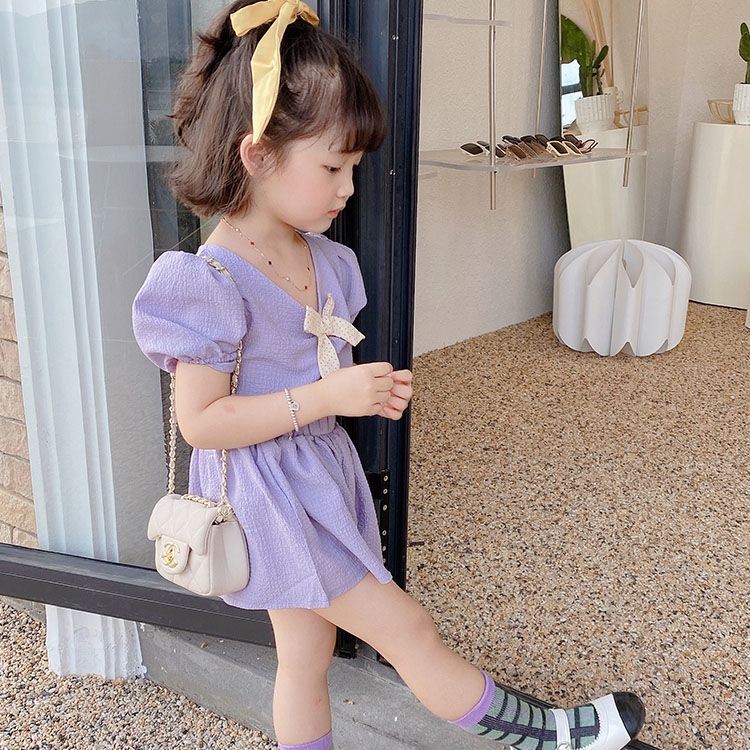 Bộ Áo Thun Tay Ngắn Phồng Đính Nơ + Quần Short Thời Trang Mùa Hè Hàn Quốc 2023 Mới Dành Cho Bé Gái