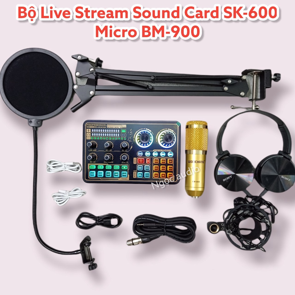 Trọn Bộ Hát Live stream Sound card K600 Bluetooth Auto tune và Mic BM 900- đầy đủ phụ kiện
