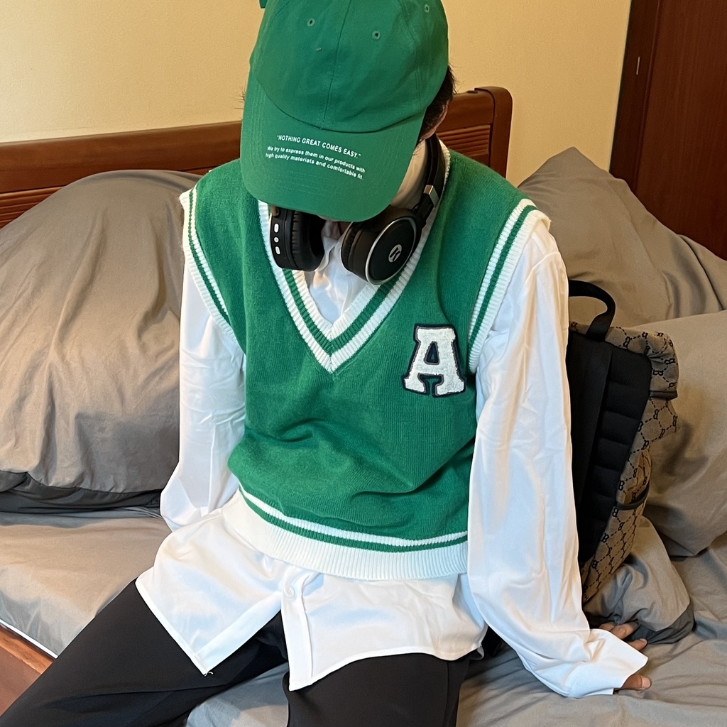Áo Gile Len Sweater không tay cổ tim Chữ A Basic Nam nữ Hàng Thiết kế