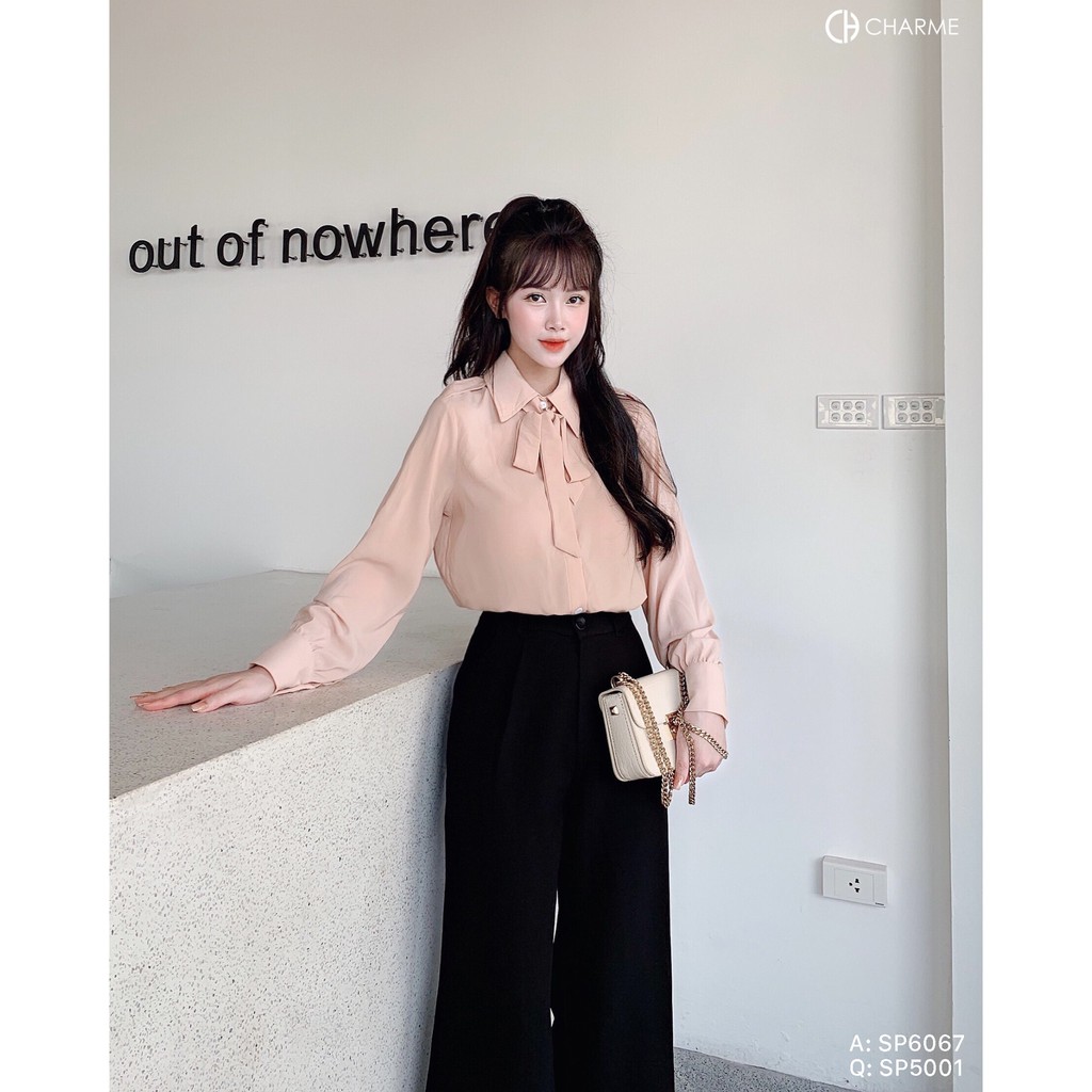 Áo sơ mi nữ trơn dài tay phối cổ nơ tiểu thư thiết kế Charme 6067