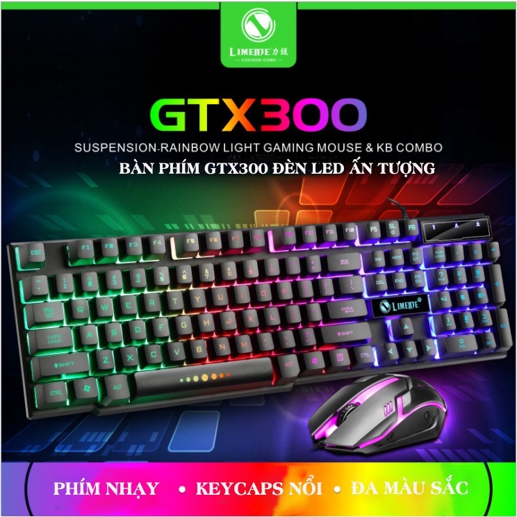 Bàn Phím Máy Tính Gaming Nút Vuông Chính Hãng Limei GTX300 Kèm Chuột Máy Tính Có Dây Chuyên Game Đèn LED Ấn Tượng
