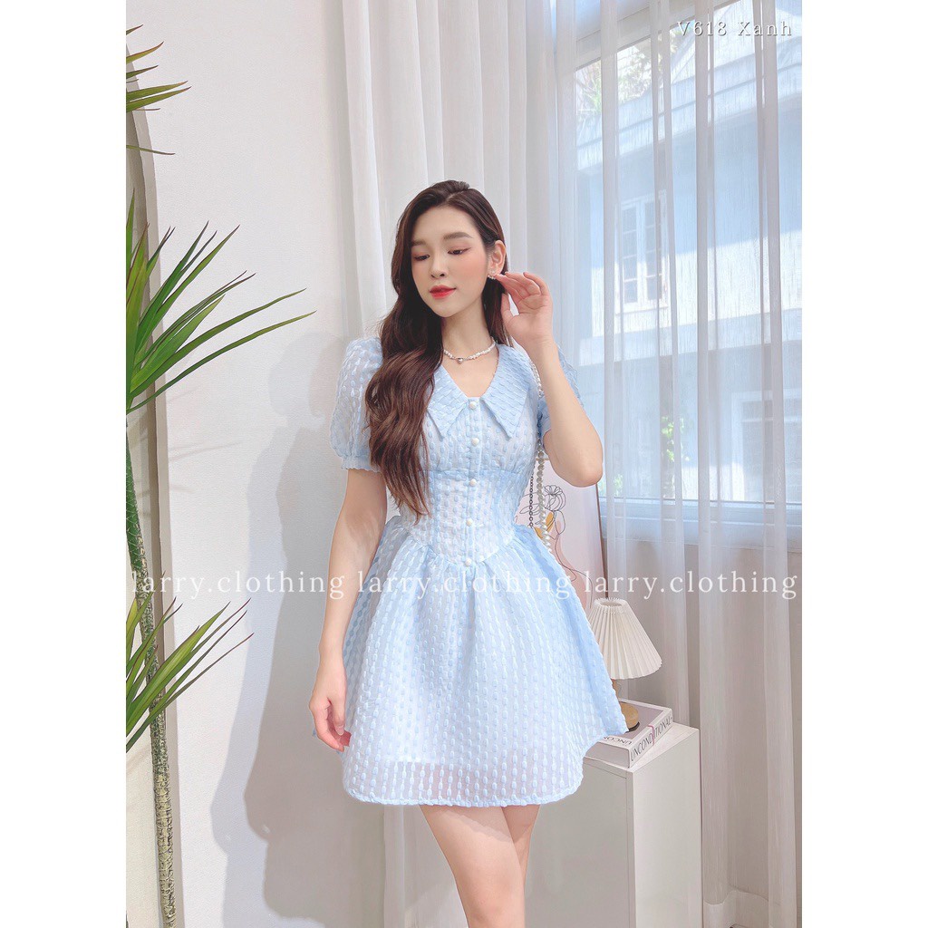 Váy Tay Bồng Đính Cúc Ngọc - Váy Tiểu Thư Cổ Tim Dáng Xòe Hình Giọt Nước - Chất Xốp Dày Dặn Loại 1 Thiết Kế 2 Lớp