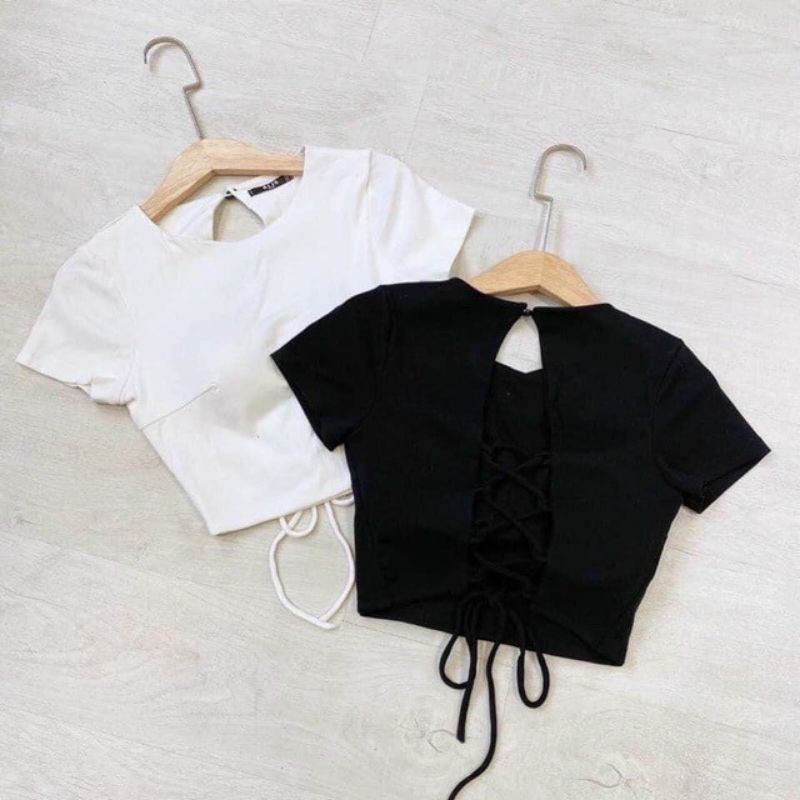 Áo Croptop Ngắn Tay Đan Dây Lưng Chất Cotton G8-1 Laca Store, áo crt hở lưng sau