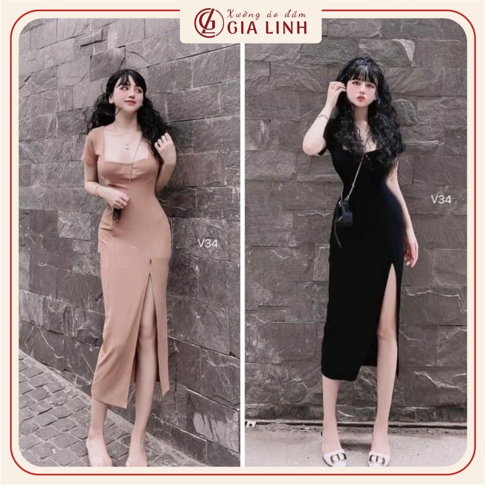 Đầm body xẻ tà cổ vuông cực tôn dáng, váy dáng dài chất thun gân co giãn tốt, phù hợp diện mọi hoàn cảnh