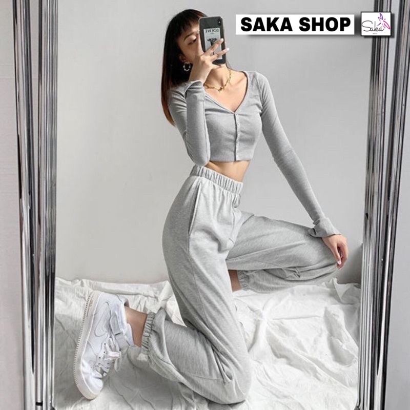 Áo croptop nữ tay dài cổ v có nút nhiều màu