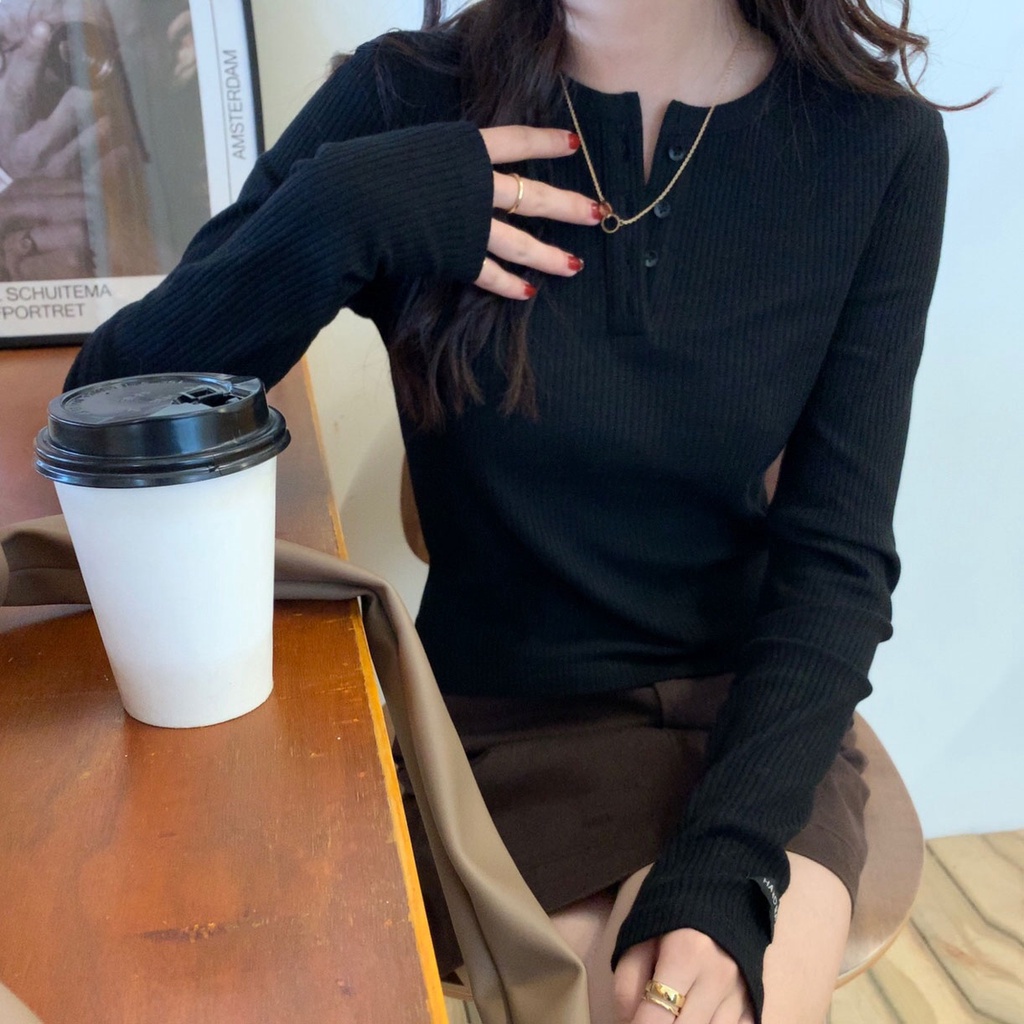 Áo kiểu dệt kim tay dài cổ tròn ôm dáng vừa vặn thời trang cho nữ 48045