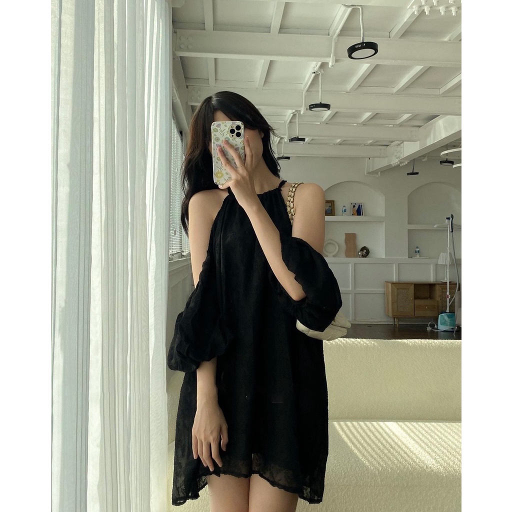 Váy cổ yếm hở vai A40 , đầm trễ vai vải voan 2 lớp dày dặn hot trend, hàng chất lượng- larelia store.