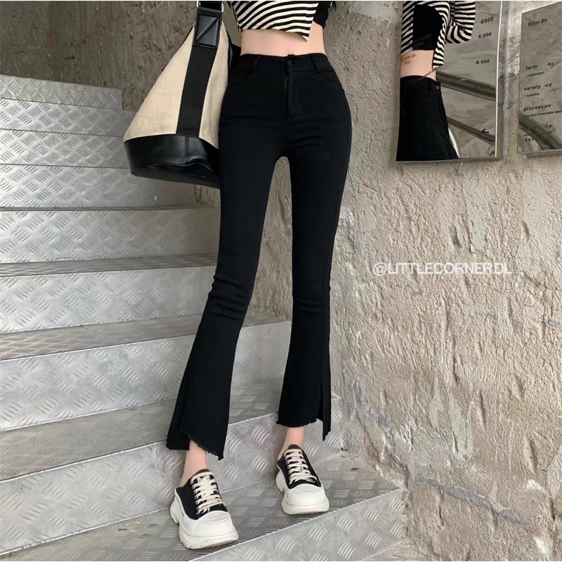 Quần jeans ống loe xẻ gấu kiểu màu đen lưng cao quảng châu co dãn