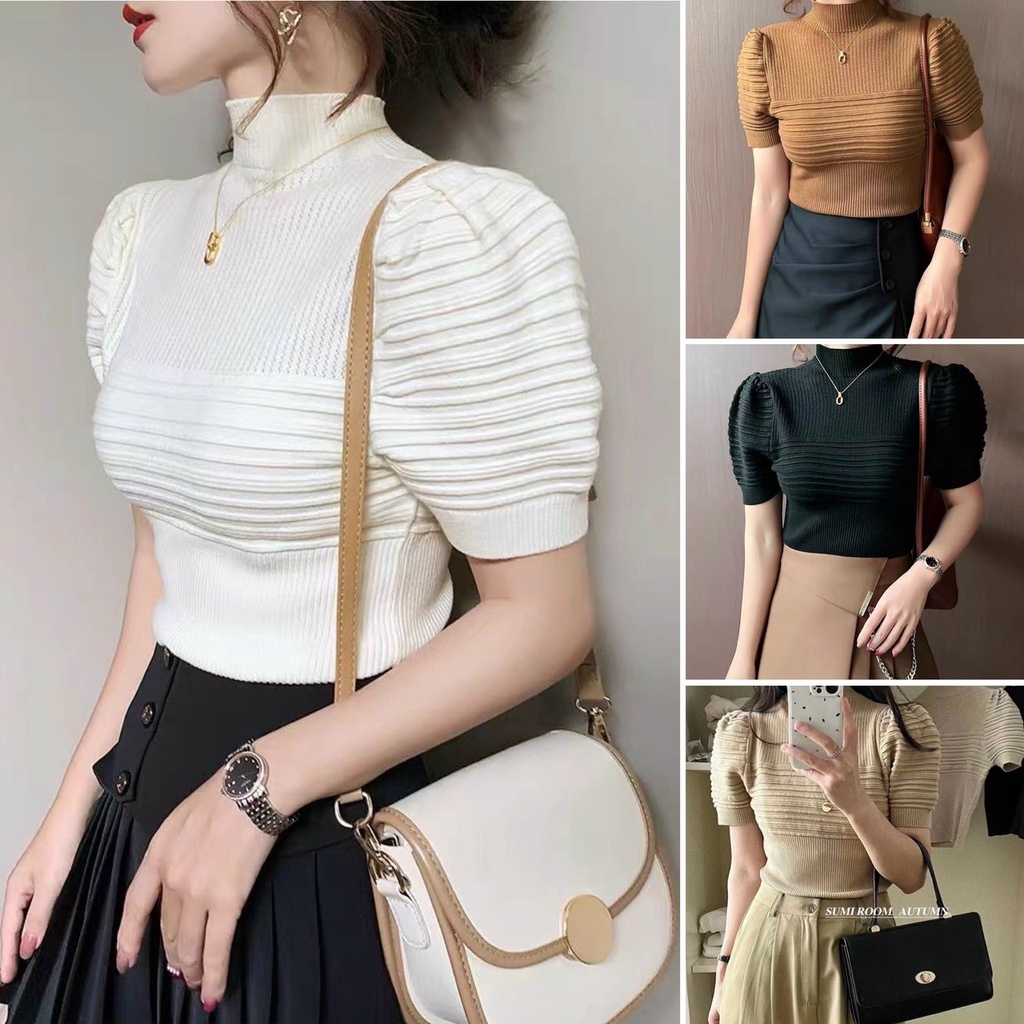Áo len tay bồng cổ lỡ
