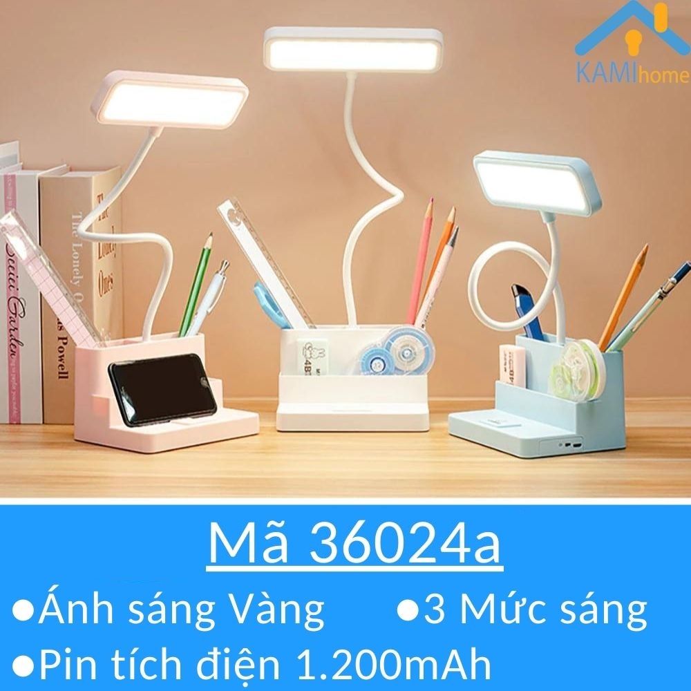 Đèn học để bàn sạc tích điện chống cận thị cho trẻ em có Giá kê điện thoại và cắm bút hình Vuông KM 36024a