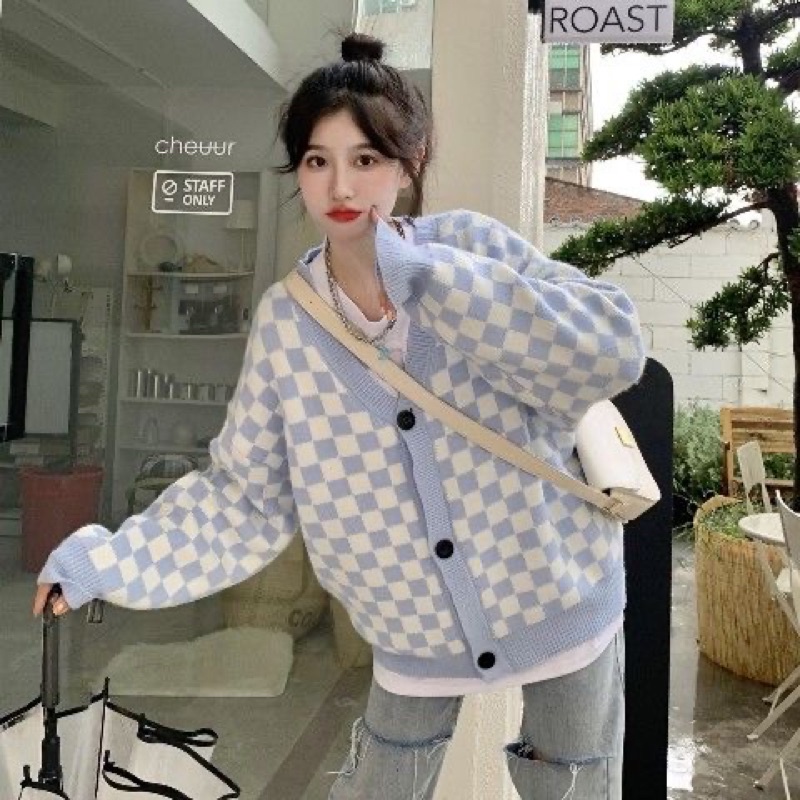 Cardigan len mịn hoạ tiết caro trê trung cho nữ