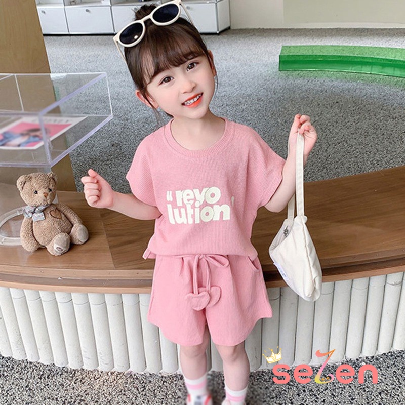Se7en Set Áo Thun Ngắn Tay In Chữ + Quần Short Thời Trang Hè Hàn Quốc Cho Bé Gái