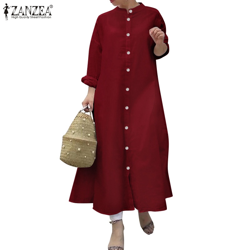 Đầm maxi ZANZEA cổ tròn dài tay gài nút thiết kế dáng rộng đơn giản thanh lịch cổ điển cho nữ