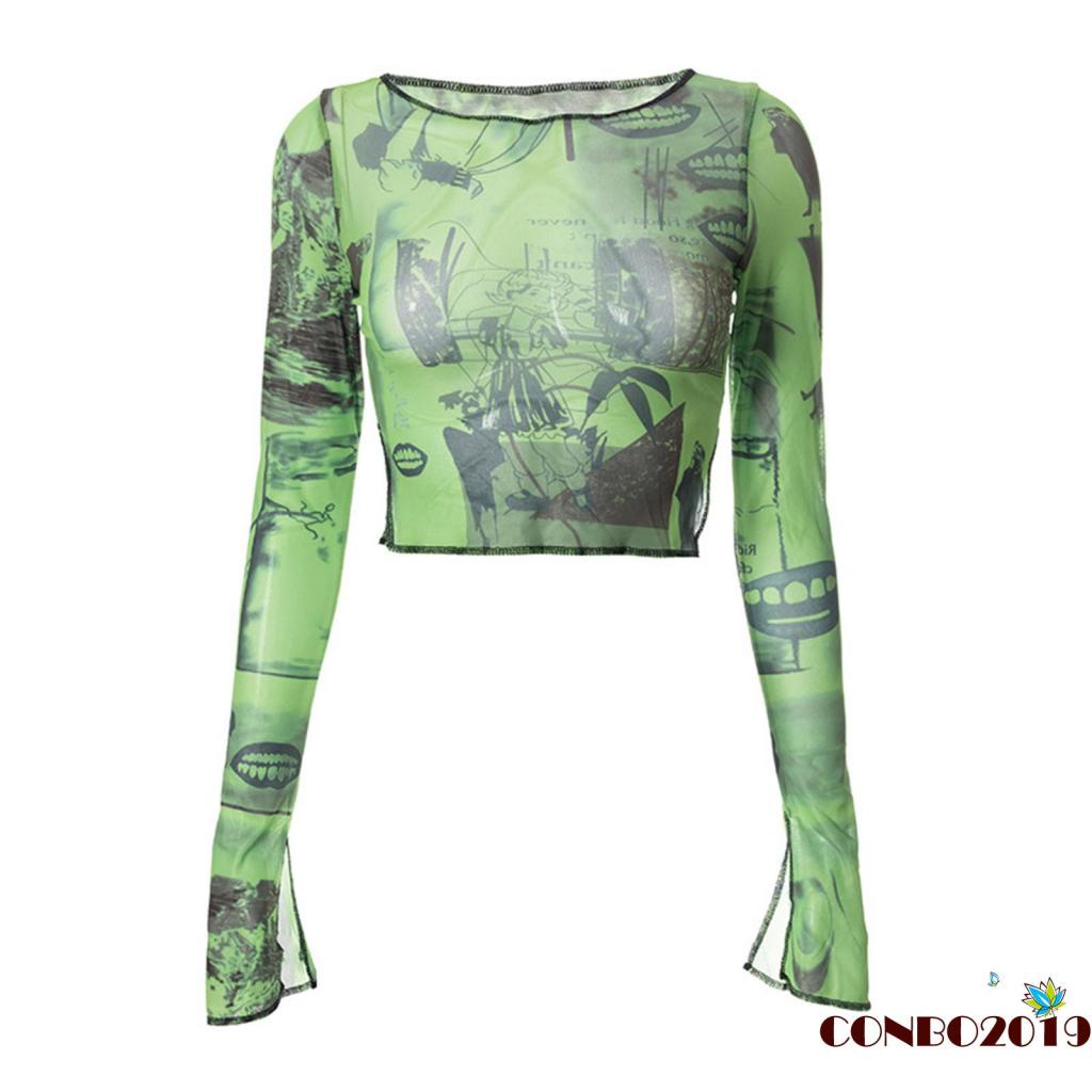 Áo Thun Tay Dài Hở Rốn Phối Lưới In Họa Tiết Thời Trang Cho Nữ