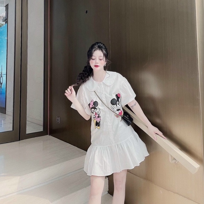 Gunkaymatter Đầm Váy Nữ Cổ Bèo Tay Phồng Trắng Tinh Khôi In Hình Mickey Mouse Phù Hợp Mọi Phong Cách