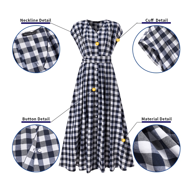 Đầm maxi Zanzea ngắn tay cổ chữ V họa tiết ca rô phong cách Hàn Quốc thời trang cho nữ