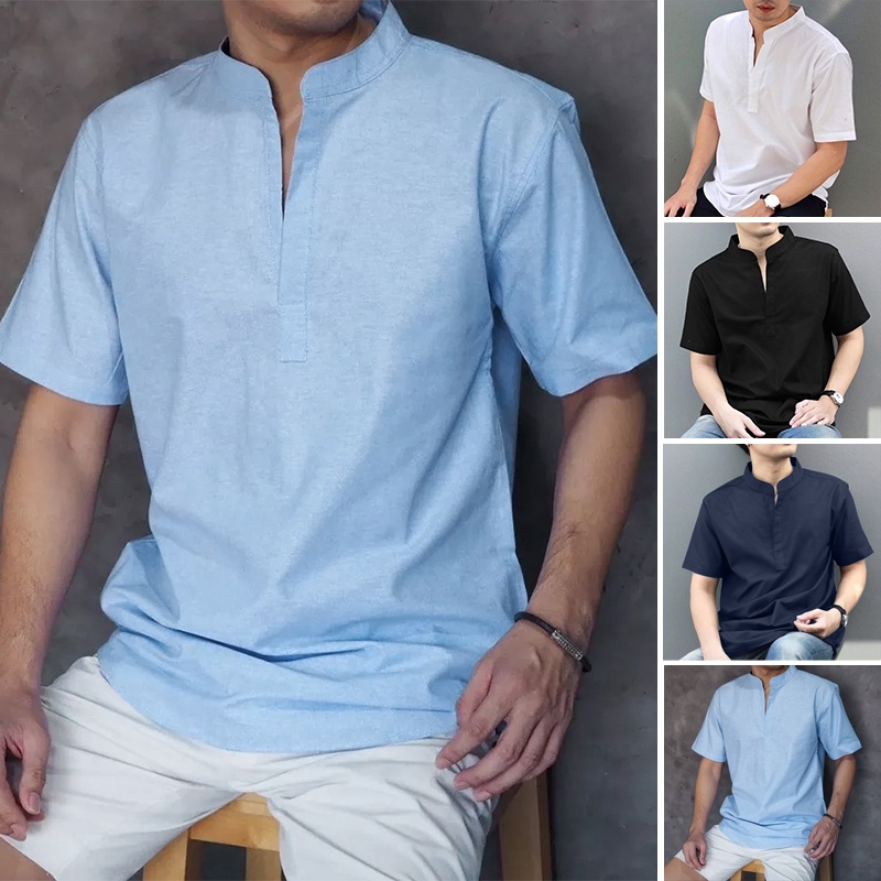 Áo sơ mi cotton INCERUN ngắn tay cổ chữ v màu trơn thời trang mùa hè cho nam